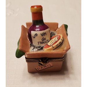 Limoges VTG Hand Painted Porcelain Trinket Box Wine & Cheese Peint Main Eximious